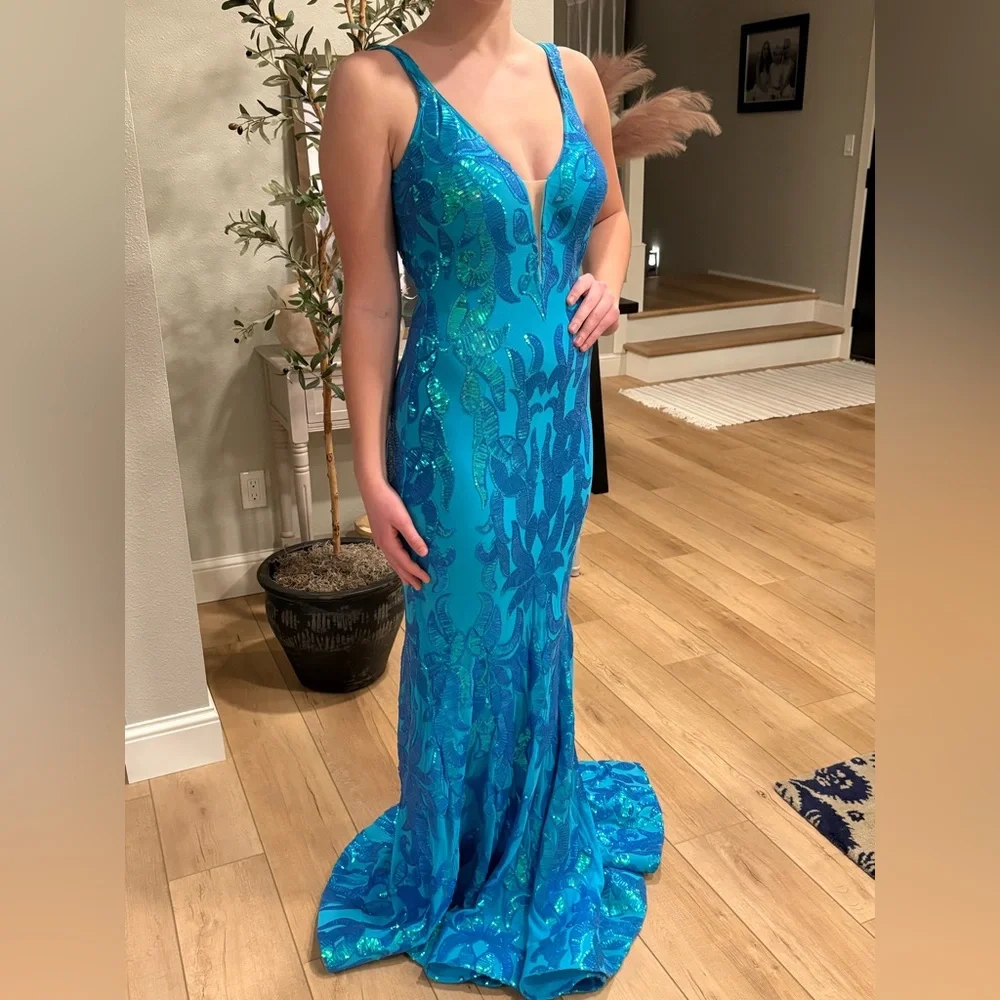 Jovani Blue Sequin Prom Dress - Picture 3 of 4
